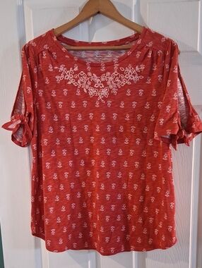 St. John's Bay Red Floral Embroidered Short Sleeve Top